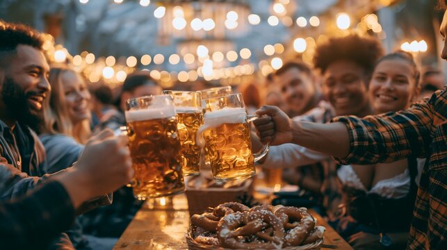 Group of friends clinking large beer mugs in a lively outdoor beer garden