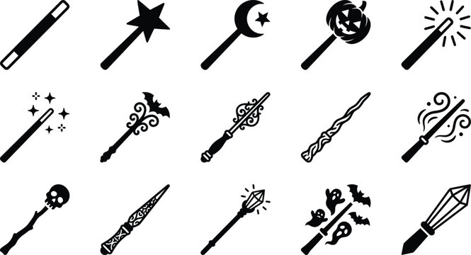 Spooky halloween bundle collection of 15 magical wands wizard sticks for festive designs