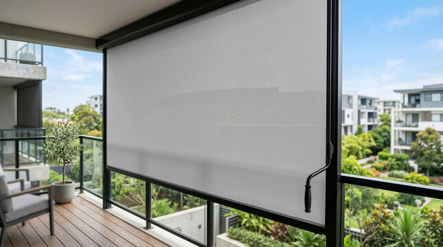 Extended side pull outdoor privacy screen on balcony. Grey roller blind with manual crank handle and wooden deck