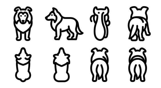 Rough collie dog icon set in minimalist black line art