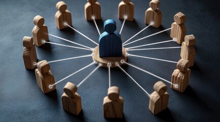 Obraz premium blue wooden leader on a round base connected by white strings to surrounding natural wood peg people in a circle, conveying leadership, connection and teamwork