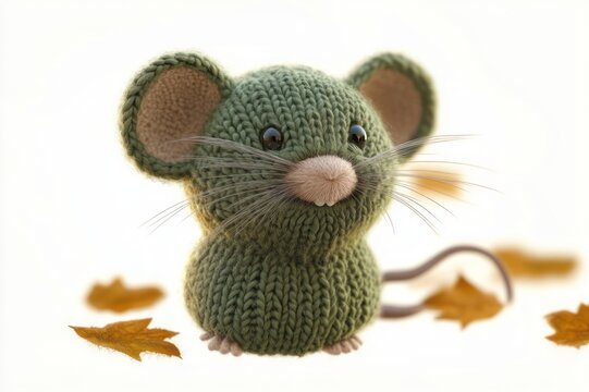 adorable hand-knitted green mouse plush with big ears, whiskers and button eyes surrounded by autumn leaves, cozy and playful