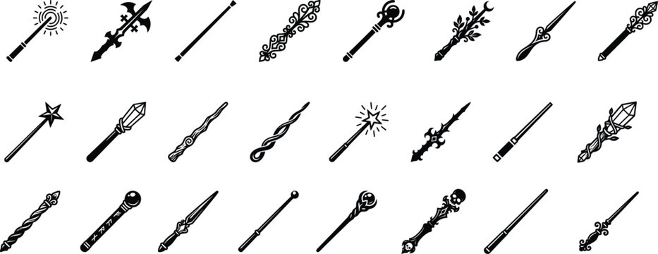 Halloween bundle 24 black white magic wands swords mystical tools for spooky designs