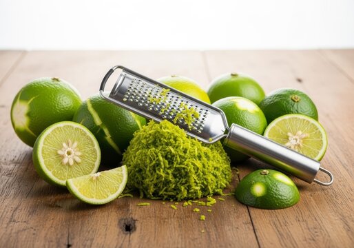 Vibrant green citrus fruits rest on a rustic wooden table with a mound of aromatic zest and a stainless steel zester tool in a bright room, metal, wood, citrus
