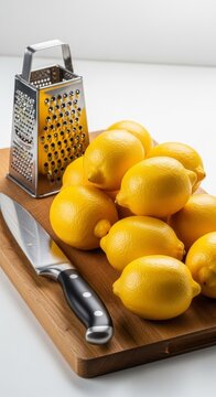 Yellow lemons rest on a wooden cutting board beside a sharp stainless steel knife and a metal zester grater in a bright kitchen setting, cookery, zest, ingredient