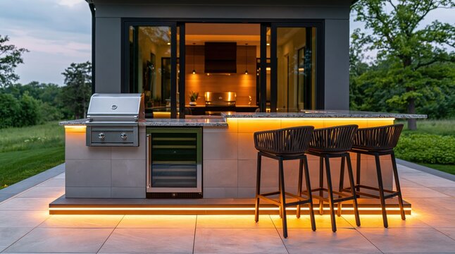 Outdoor luxury kitchen with modern grill and bar stools on a lit backyard patio