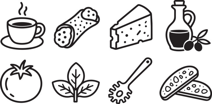 Italian Food Icons Set Featuring Coffee Cheese Tomato Pasta Utensil