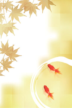 Goldfish swimming among autumn maple leaves on gold background