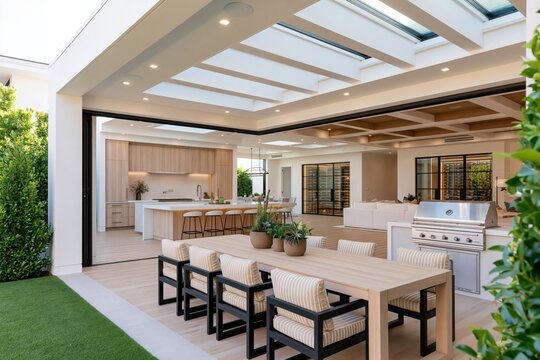 Luxury modern outdoor kitchen and dining patio with pergola and garden architecture
