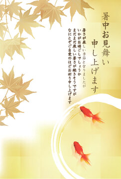 Summer greeting card with goldfish and maple leaves