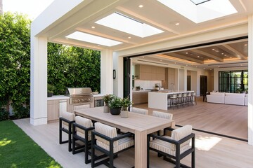 Obraz premium Patio dining area with modern outdoor kitchen design in a luxury home architecture