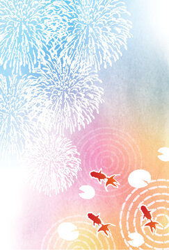 Summer Japanese Traditional Fireworks and Goldfish Illustration