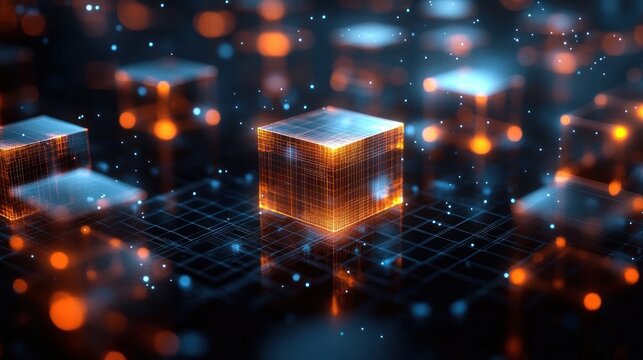 glowing orange and blue 3d cubes on a digital grid, illuminated floating blocks and particles conveying futuristic connectivity and energetic precision