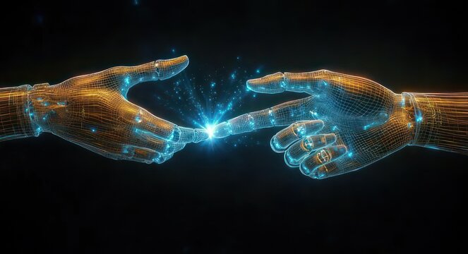 Two glowing wireframe hands reach to touch with a bright electric spark between their fingertips, holographic particles and mesh conveying a futuristic sense of wonder and connection