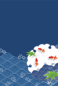 Traditional Japanese Style Waves with Goldfish and Maple Leaves