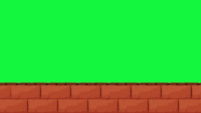Animated red brick wall is constructed piece by piece against a green screen background