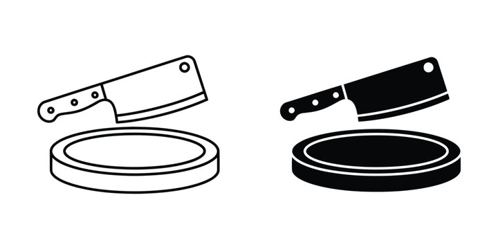 Butcher meat cleaver and circular wooden cutting board icon in outline and solid design styles