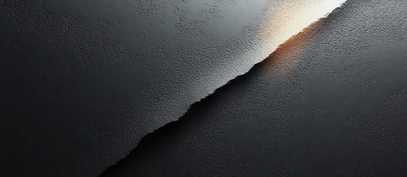 Jagged diagonal tear across a dark grainy surface revealing a warm glowing edge and deep shadow, evoking mystery and dramatic tension