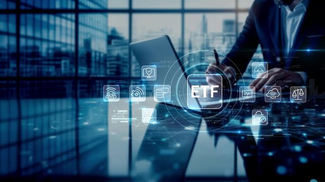 Businessman monitoring ETF portfolio performance through interactive financial dashboard with market analytics, investment data visualization, business intelligence and connected digital technologies