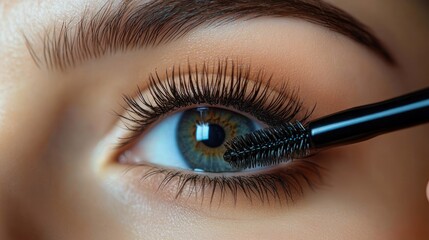 Naklejka premium Close-up of a blue-green eye with long curled lashes and a groomed eyebrow as a mascara wand precisely applies black mascara, evoking focused glamorous beauty