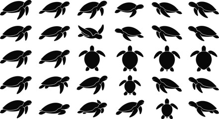 Fototapeta premium Sea turtle silhouettes big collection showing swimming and top view angles isolated on white background