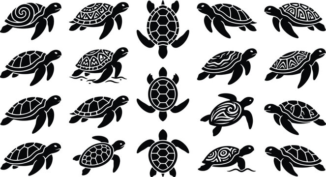 Sea turtle silhouettes set with decorative shell patterns isolated on white background for graphic design