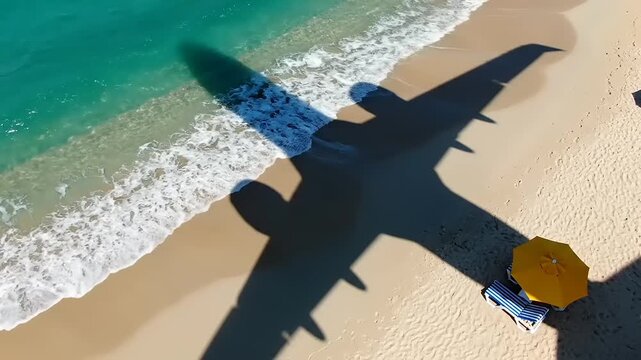 Airplane shadow on a beach.