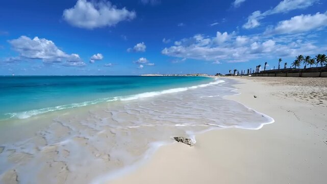 Serene beach with turquoise ocean waves.