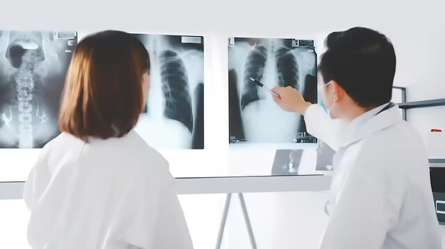 Two medical professionals analyzing chest X-ray images.