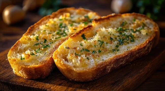 Two golden crusty slices of garlic butter bread with chopped parsley and breadcrumbs on a wooden board, warm and inviting