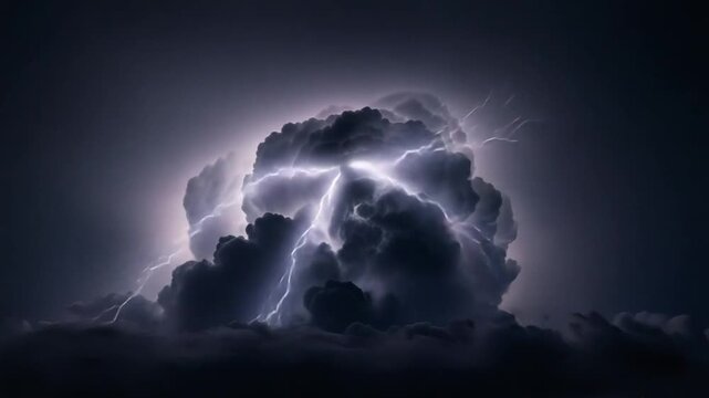 Powerful lightning strike inside dark storm cloud at night weather electricity thunder flash