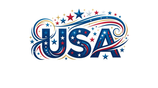 Usa text design with stars and colorful patriotic swirls