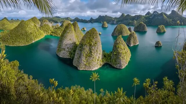 Aerial view of unique limestone karst islands in a turquoise lagoon.