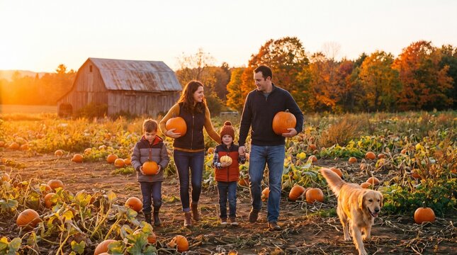 Family and dog enjoy autumn pumpkin patch at sunset with barn in background