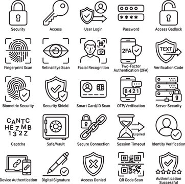 Cyber security and data protection line icons, 25 biometric authentication and user access vector elements, digital privacy and identity verification set