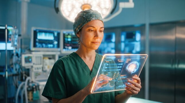 Female Surgeon Using Transparent Digital Tablet with Brain Scan in Operating Room for Neurosurgery and Advanced Medical Technology