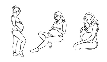 Obraz premium Minimalist pregnancy line art illustration set with elegant mother and baby outline drawings
