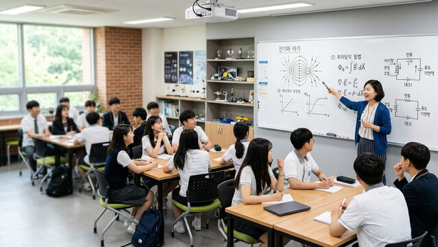 Female teacher explaining physics equations on whiteboard to high school students in classroom