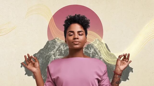 Woman meditating in serene natural environment.