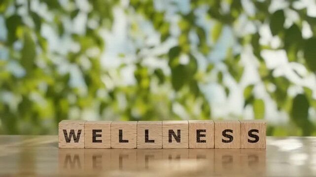 Wellness concept with wooden blocks on table.