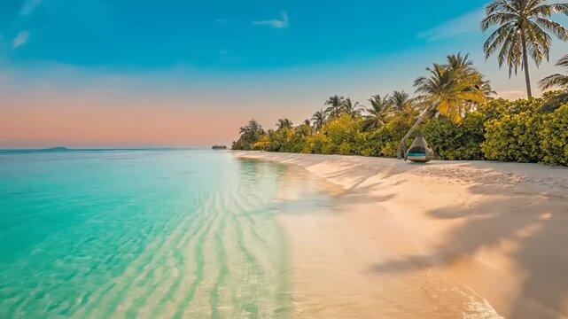 Serene tropical beach at sunset with palm trees.