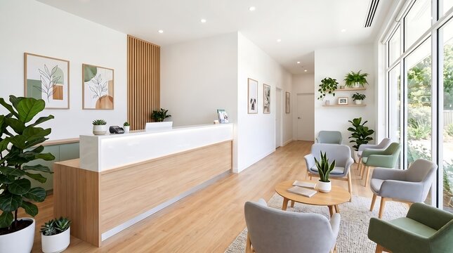 Interior view of a modern animal hospital reception area with furniture and plants