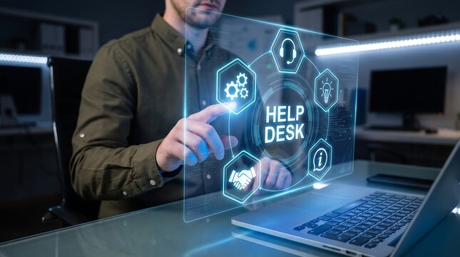 Professional man using laptop with glowing digital help desk interface and icons for support and business solutions in modern office environment for tech concepts
