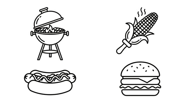 Barbecue grill corn hot dog and burger line art icons