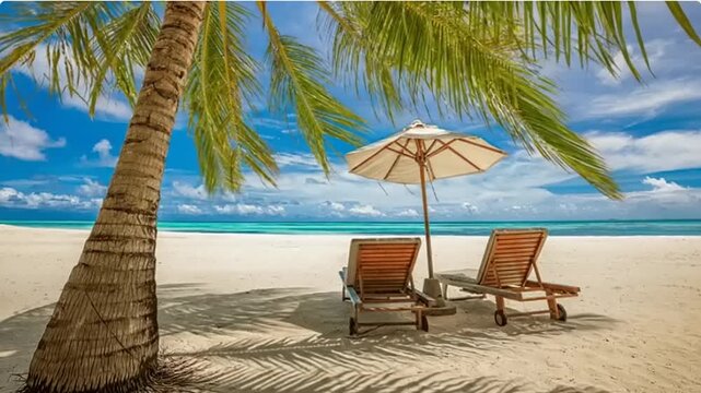 Serene beach scene with palm tree.