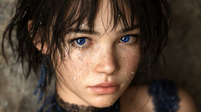 x-default Close Up Portrait of Girl with Freckles and Wet Hair Blue Eyes