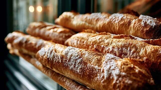 Baguettes in bakery window morning display
