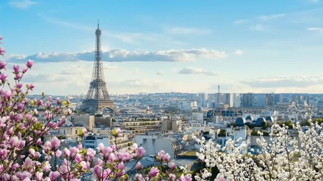 Eiffel Tower Paris cityscape with blooming flowers.