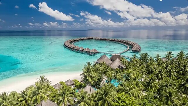 Aerial view of a tropical island resort with a curved pier.