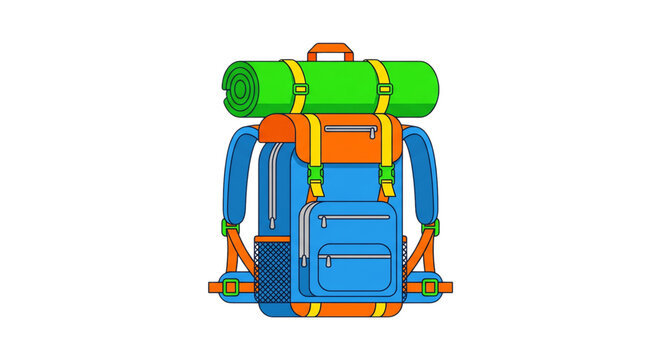 Vibrant and practical backpack design, perfect for travel and outdoor adventures, featuring a rolled sleeping bag on top